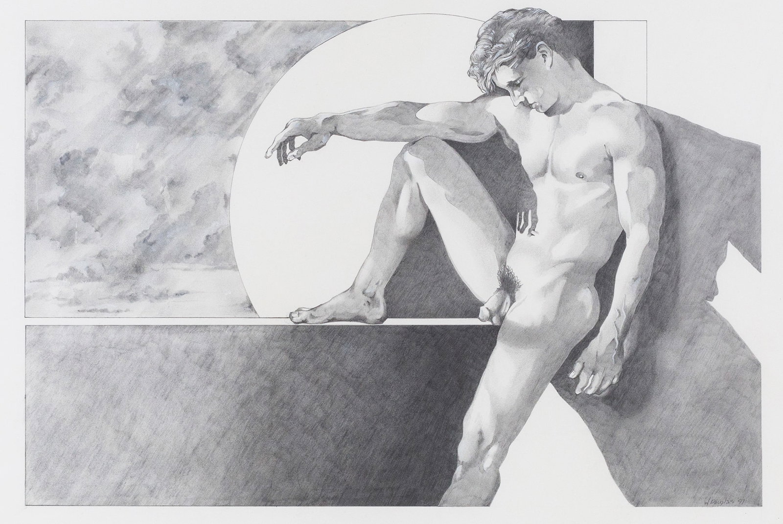 W. Douglas (American, 20th Century): 'Nude in Abstract Deco Scene.' 1997. Graphite and white gouache on paper. Signed and dated on bottom right. 18 x 24"; 19 1/4 x 25 1/4" (overall). Framed.