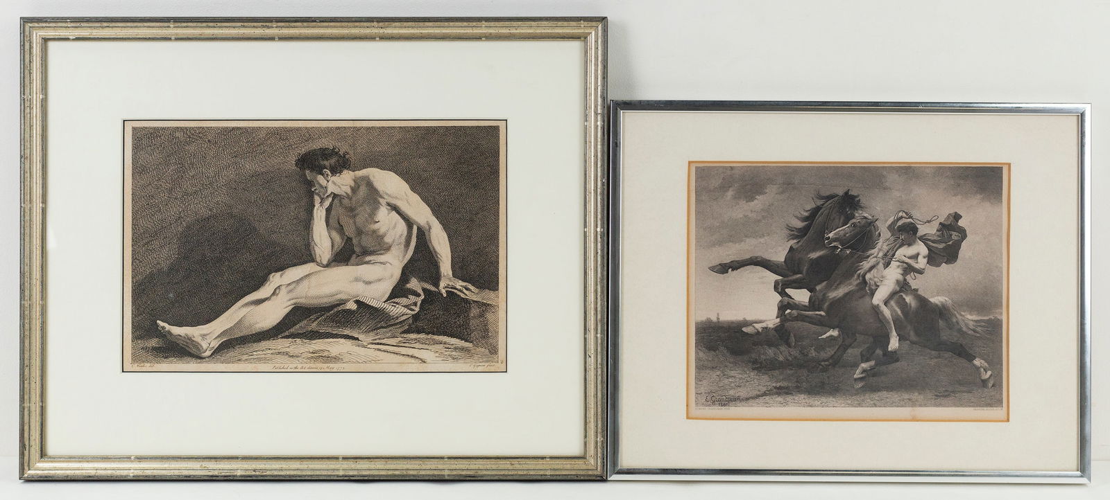 After French Academic School: 'Seated Man with Head in Hand.' Print by Charles Grignion (British, (1721-1810) after Charles-André Van Loo (French, 1705-1765). 1773. Etching. Titled, dated and signed in plate at bottom. 8 x 11 1/2