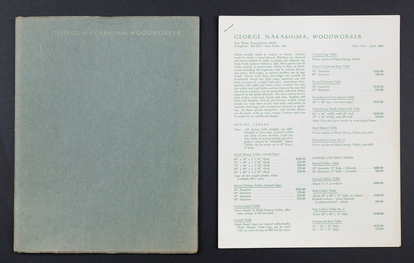 George Nakashima (American, 1905-1990): 1966 Nakashima Studio catalog. Japanese hand-made paper wrappers, end papers and hand-sewn. Including a letterpress price list in green ink. Provenance: Estate of Irving Taylor. 11 x 8 1/2".