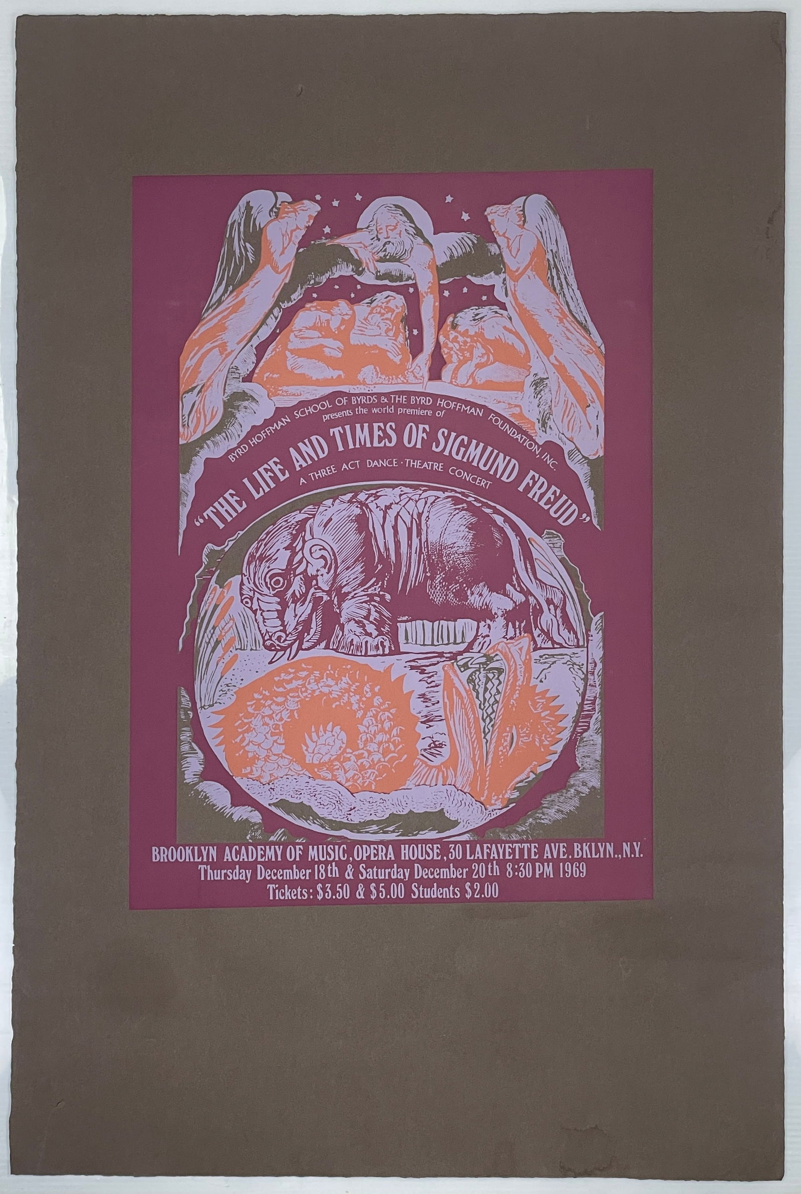 1969 Opera Poster. (Robert Wilson): Vintage poster for "The Life and Times of Sigmund Freud." 1969. Imagery after William Blake's 'Behemoth and Leviathan'. Serigraph on gray paper. Published by Byrd Hoffman School of Byrds & The Bryd Ho