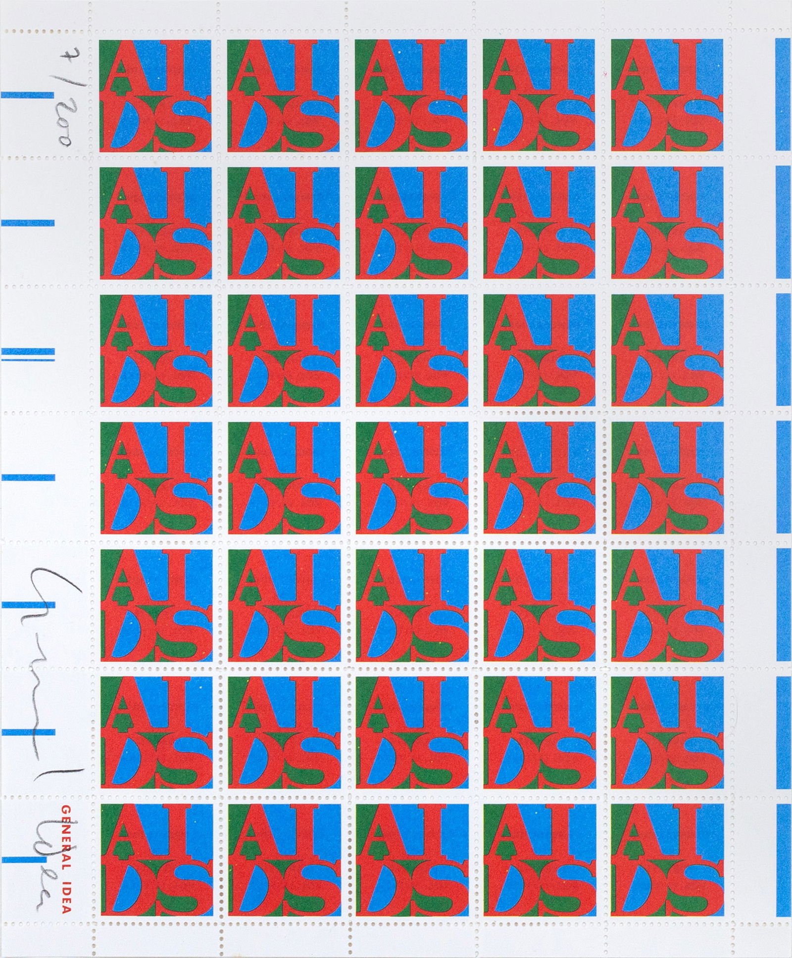 General Idea (Canadian Collective, 1967-1994: AIDS (stamps)." Offset on perforated paper. This is from the original signed edition of 200. Signed "General Idea" and editioned 7 of 200. 11 x 8 1/2