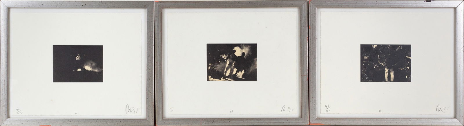 Robert Longo (American - New York, b. 1953): Three prints. "N," "O," and "R." From the "Mnemonic Pictures Portfolio." 1995. Photo transfer lithograph. Published by Edition Saga Pictures. Edition of 48, one labeled II. Signed on the right. 8 x 10