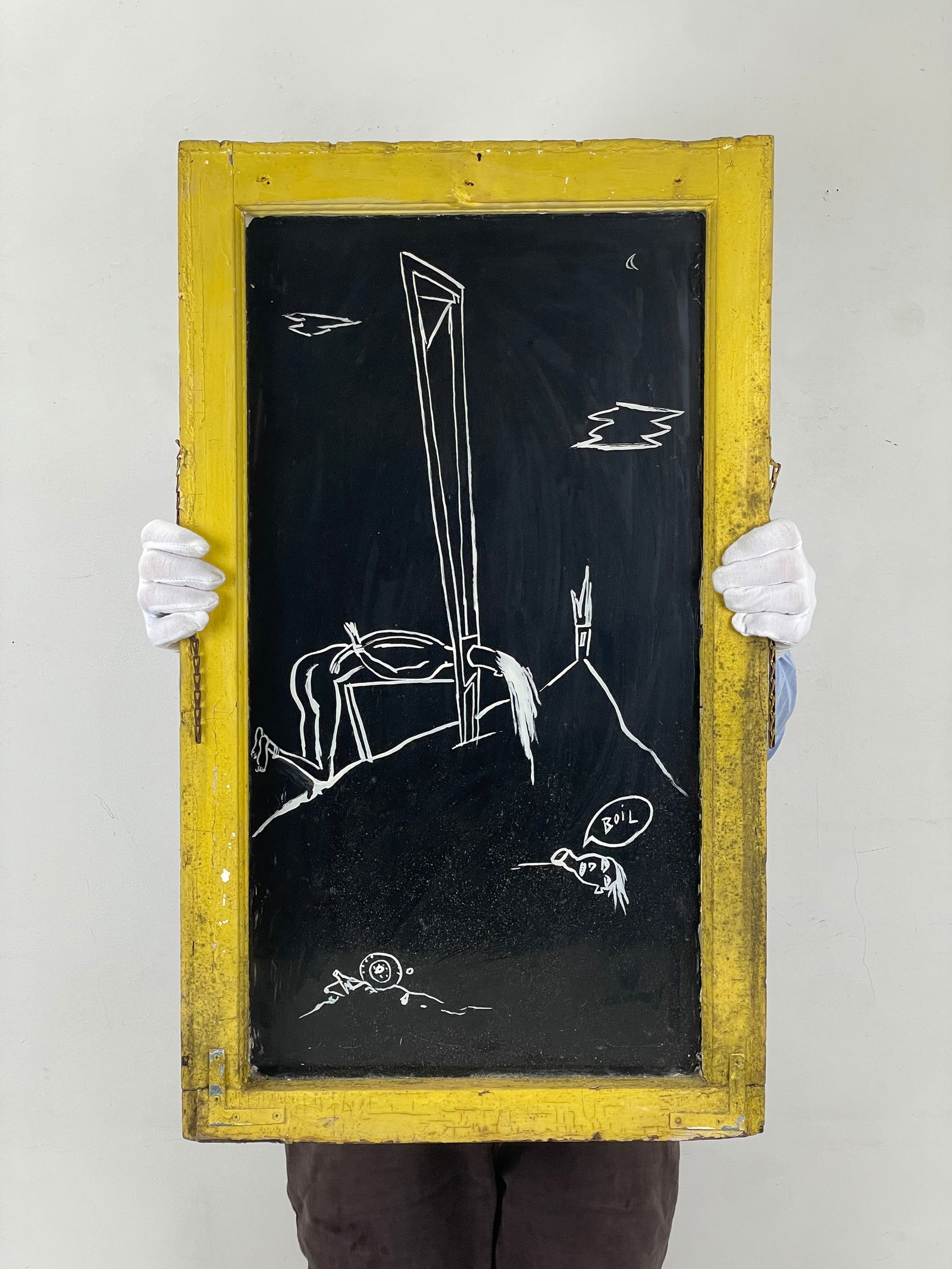 East Village Scene (circa 1980s): "Guillotine." Circa 1980s. Paint and mixed media on a scavenge window frame. (Possibly the work of the NYC East Village artist Rick Prol). 33 1/2 x 20 x 2". Provenance: Estate of a Manhattan art colle