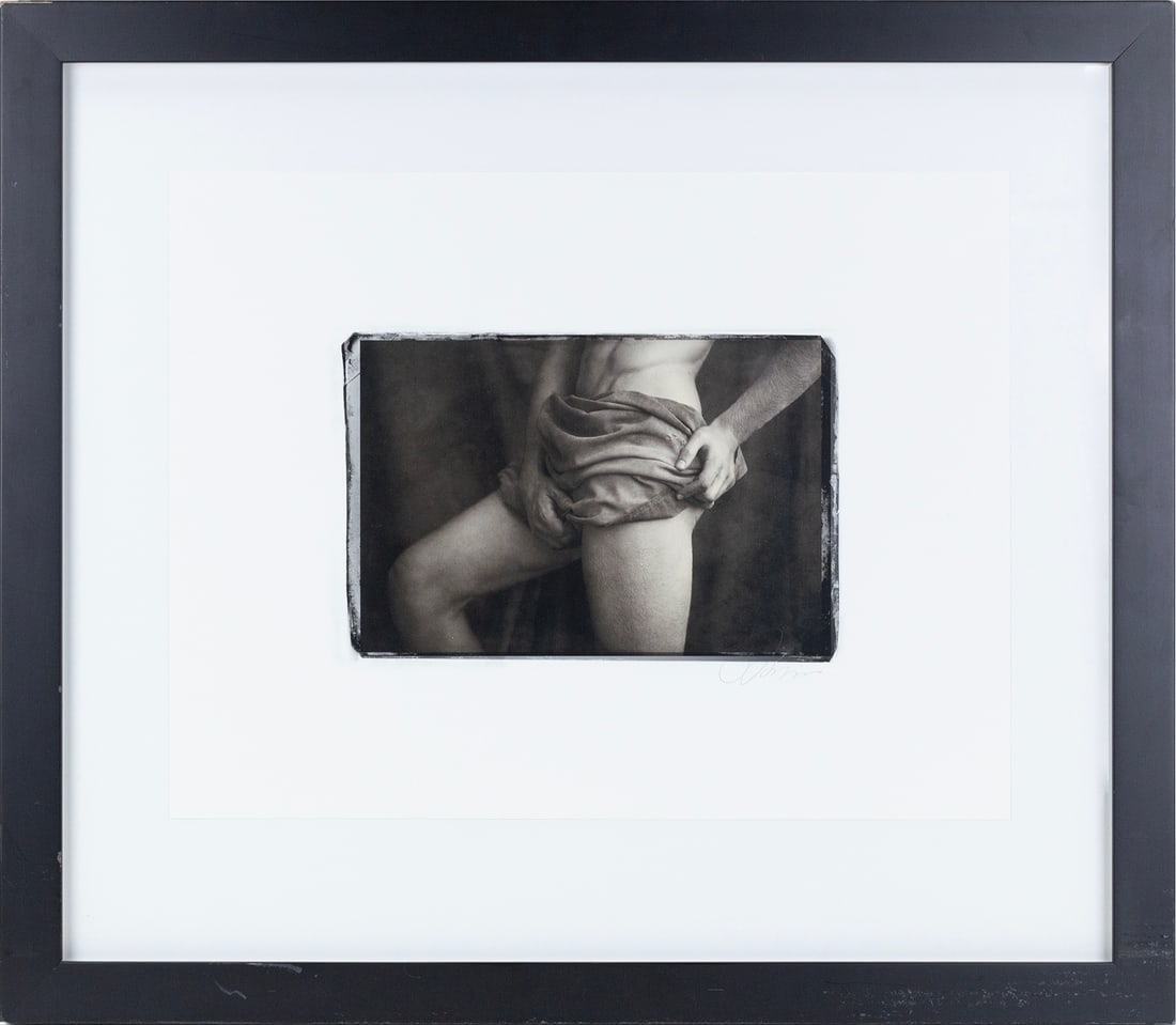 Richard Phibbs (Canadian - American, 20th - 21st Century): 'Classically Draped Male.' Black and white photograph. Signed and stamped at bottom right. 17 x 22"; 21 x 27 (overall). Framed.