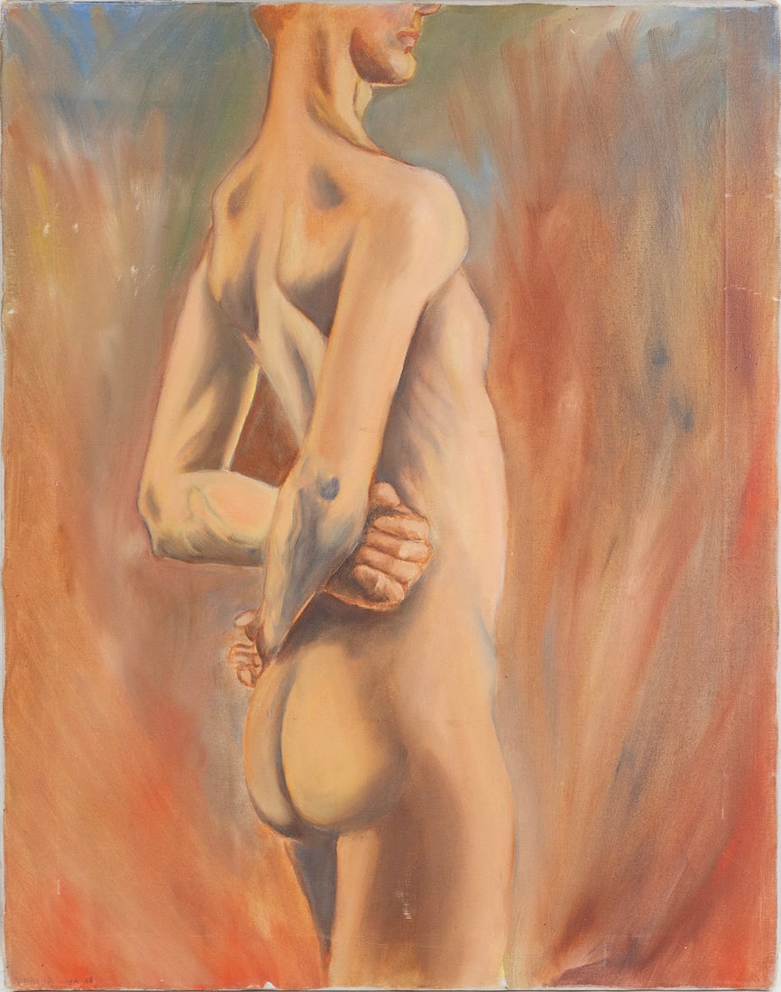 Latin American School (1968): Oil on canvas. Artist unknown or unidentified. Signed or inscribed bottom left "MERIDA" and dated: "APR 1968," inscribed: "SOSA" on the verso. 28 x 22".
