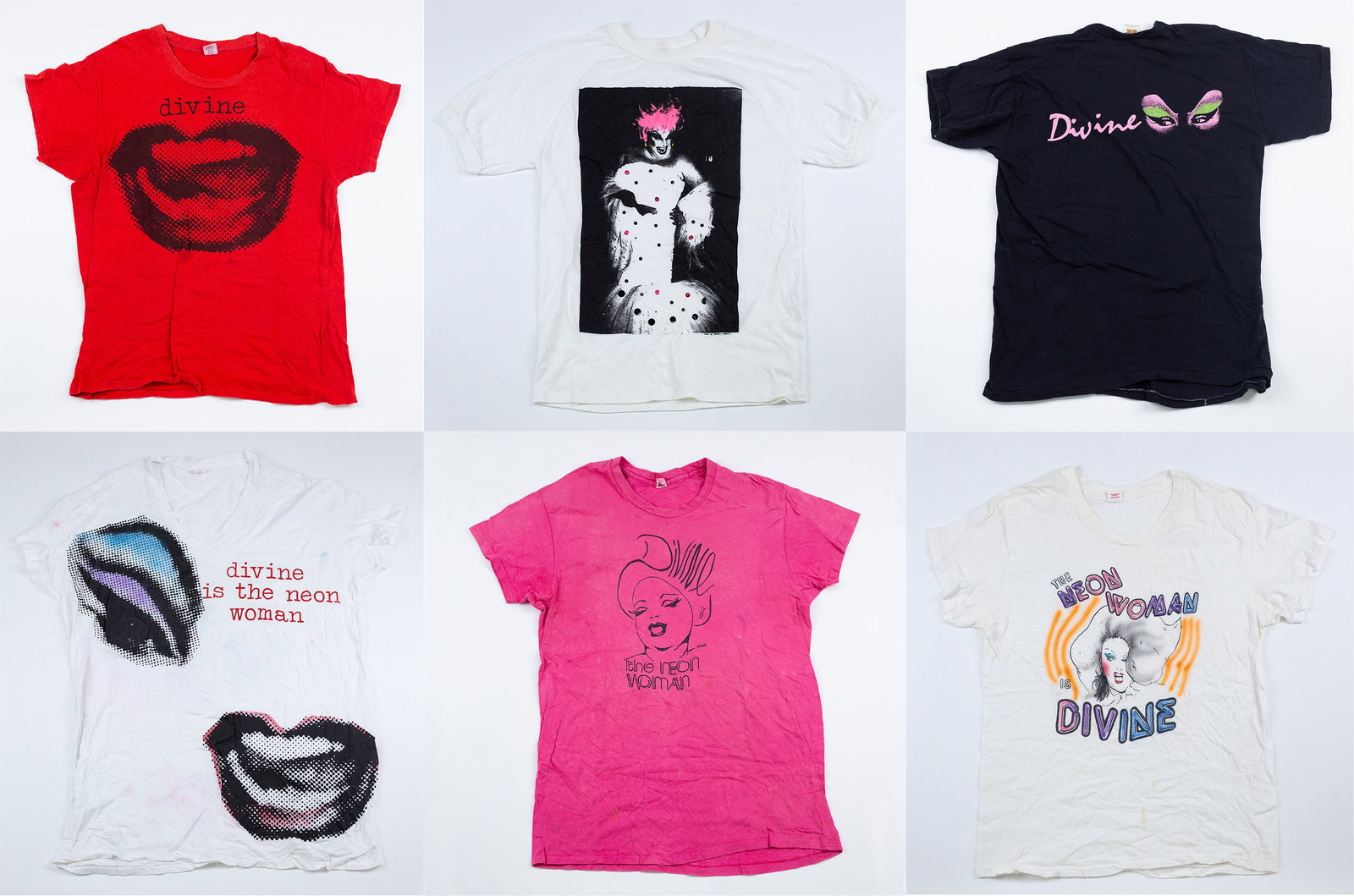 Divine's T-Shirt Collection (Harris Glenn Milstead (1945 - 1988): Fourteen (14) t-shirts from Divine's personal collection, from various appearances and events throughout the 1980s. Many with hand done editions, including sequins and rhinestones. One designed by Jon