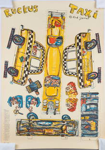 Red Grooms (American, b. 1937): "Ruckus Taxi." 1986. Lithograph. Signed in plate. Provenance: Estate of a Manhattan art collector. 35 1/2 x 23 1/2.