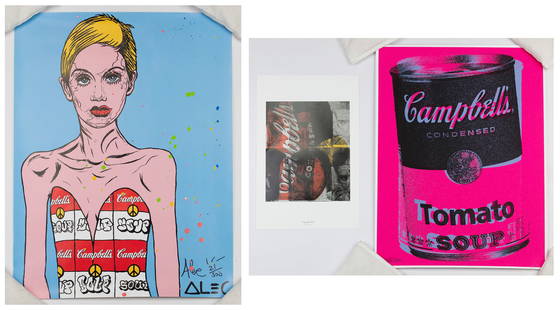 Contemporary Print Collection: Three (3) prints using Andy Warhol's famous soup can motif: Aelhra (American, Contemporary) Serigraph. Numbered 29/30. 24 x 18"; Alec Andon 'Alec Monopoly' (American, b. 1986) 'Twiggy Blue' Offset wit