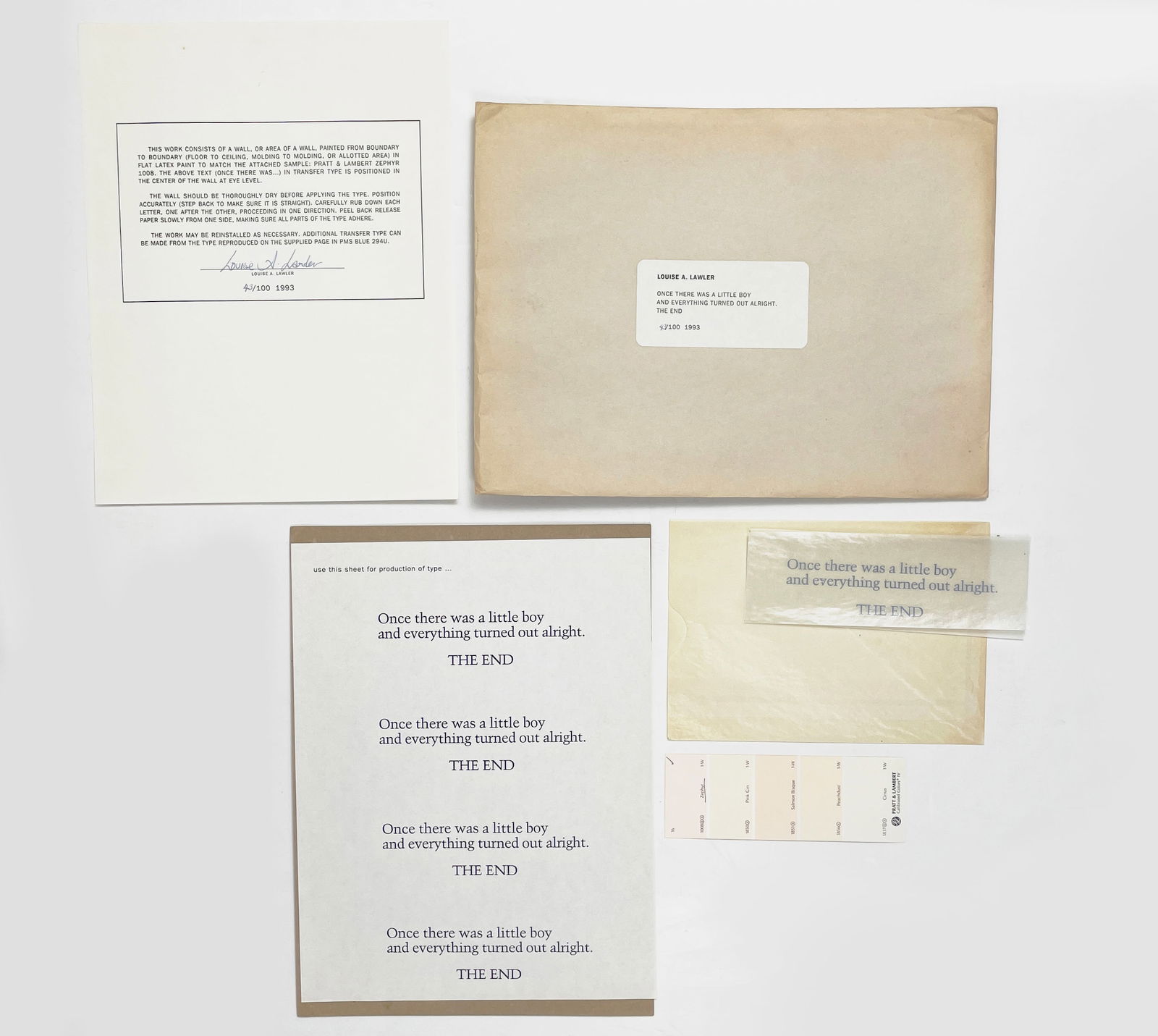 Louise Lawler (American - New York, b. 1947): "Once There Was a Little Boy and Everything Turned Out Alright. THE END". 1993. Mural painting instructions, with blue transfer lettering, paint chip sample, and signed certificate. Edition of 100, nu