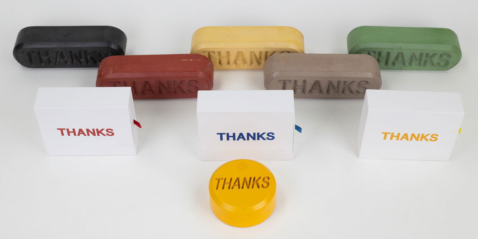 Allan McCollum (American, b. 1944) Collection: Ten (10) total items from the artist's "Visible Markers" series: Five (5) "Visible Markers" reading 'Thanks' from the 1997 signed edition. Pigmented concrete. All signed, dated, and numbered on the bo