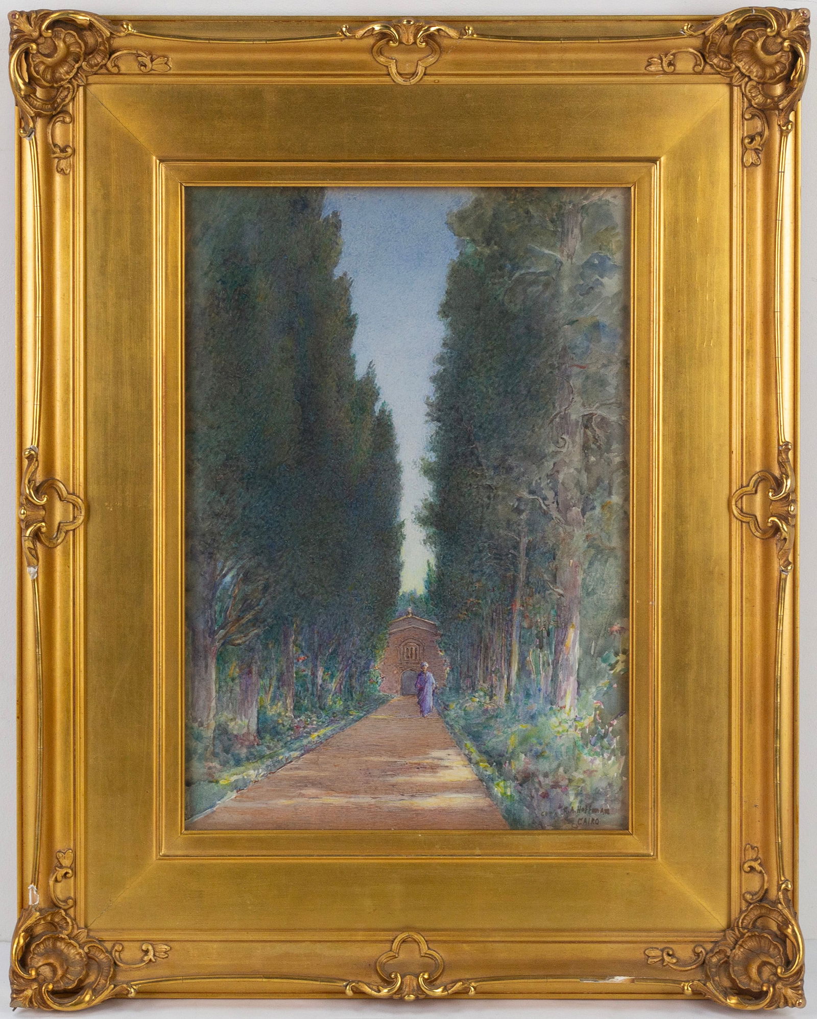Gustave Adolph Hoffman (1869 - 1945): "Cairo" Watercolor on paper. Signed and titled on the bottom right. 15 x 10 1/2"; 22 x 17 1/2" (overall). Framed.