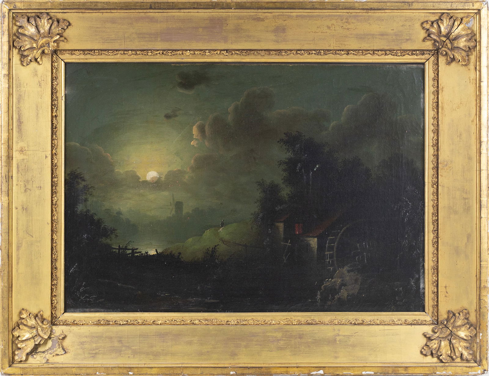 Sebastian Pether (British, 1793 - 1844): "Night-scape". Oil on canvas. Circa 1830s. 13 x 18 1/2"; 19 x 24" (overall). Framed. Provenance: Providence, Rhode Island collection.