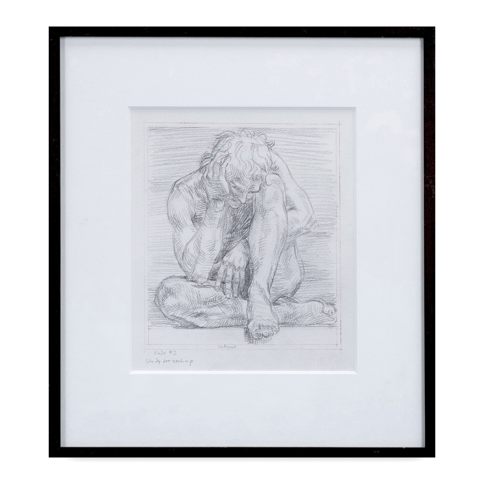 Paul Cadmus (American, 1904-1999): "Nudo #3, Study for an etching." Graphite and conte stick on paper. Signed and titled along the bottom. Described on the bottom left. This is the study for the etching titled "Nudo #3 (1984). The Stud