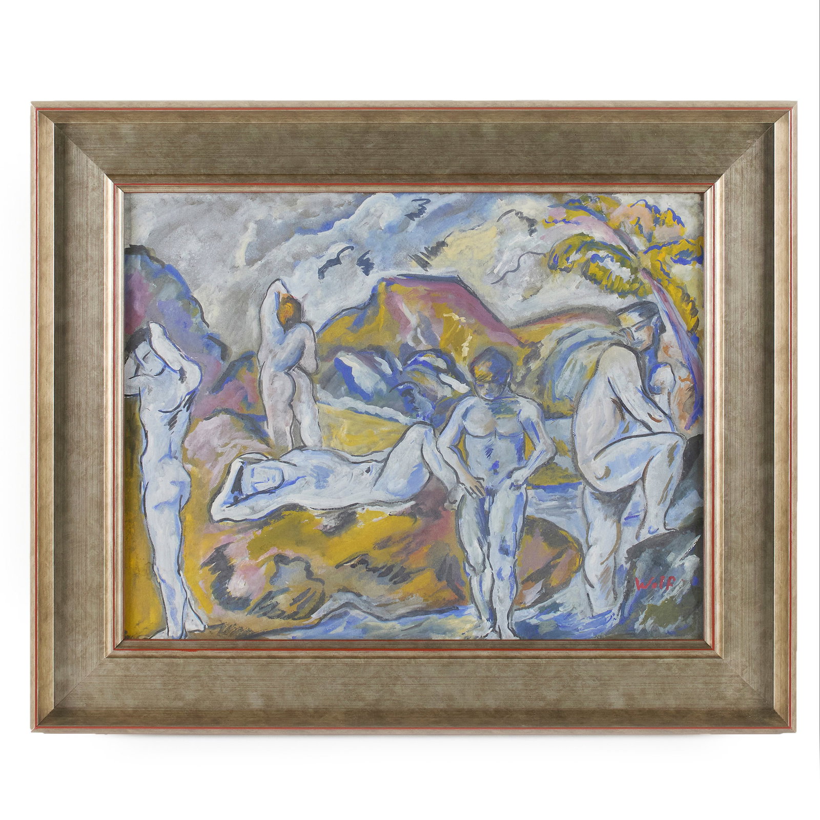 Hamilton Achille Wolf (American - California, 1883 - 1967): In the manner of Cézanne's "The Bathers." Oil on artist board. Signed "Wolf" at the bottom right. 13 x 16 1/2"; 18 x 21 1/2" (overall). Framed.