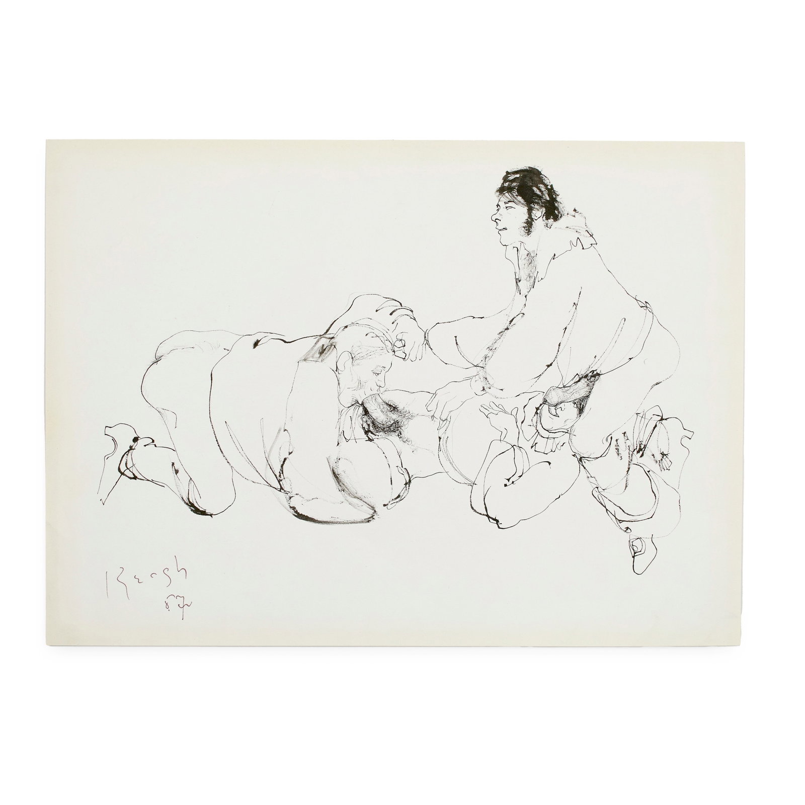 Tom Keogh (American, 1922 - 1980): 'Threesome.' 1957. Ink on paper. Signed and dated on the bottom right. 10 1/2 x 14" An influential fashion designer and illustrator, Keogh worked on costume designs for Judy Garland and Marlene Dietri