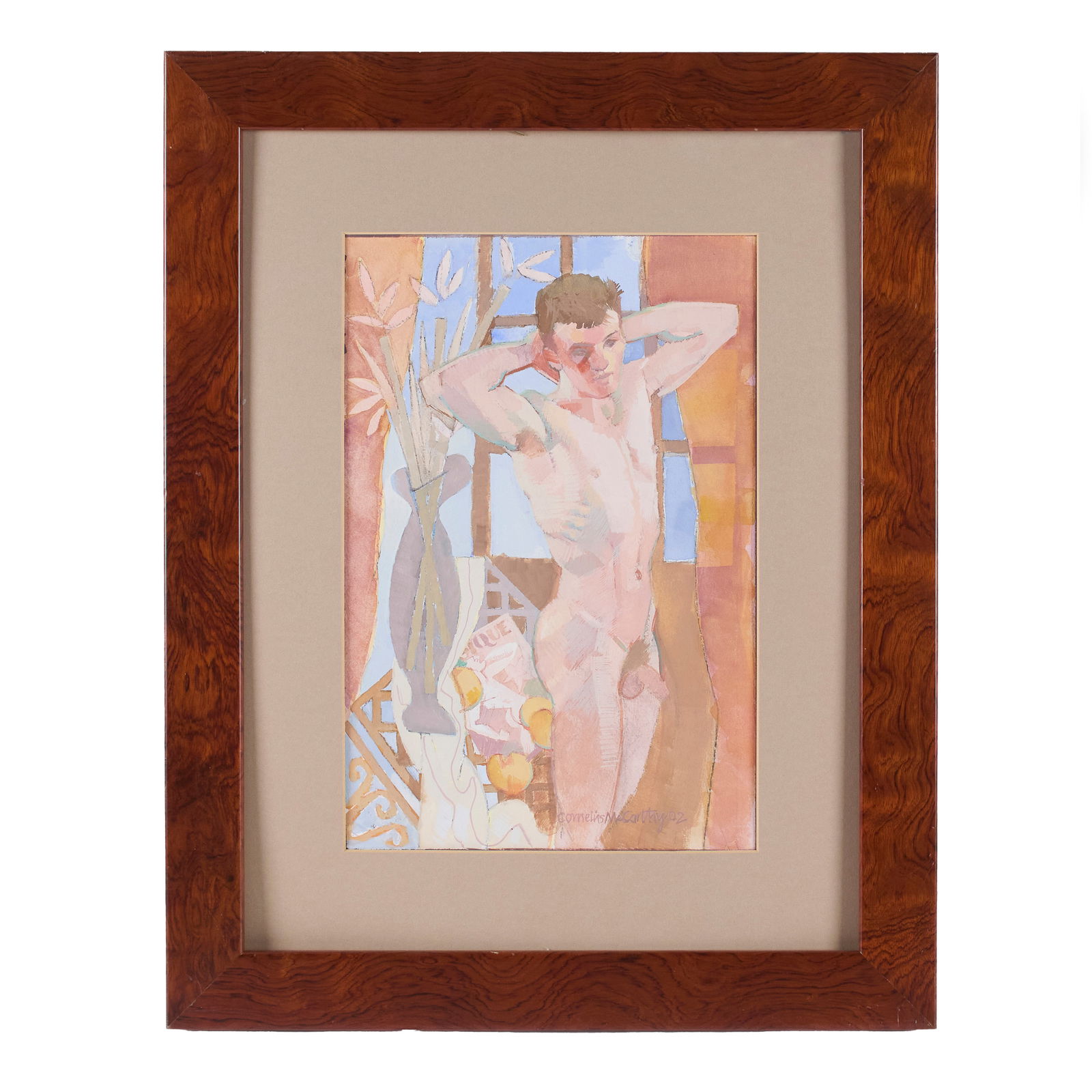 Cornelius McCarthy (British, 1935-2009): 'Stretching by the Window.' 2002. Gouache on paper. Signed at the bottom right and dated. 9 1/2 x 14"; 22 x 17 1/2" (overall). Framed.