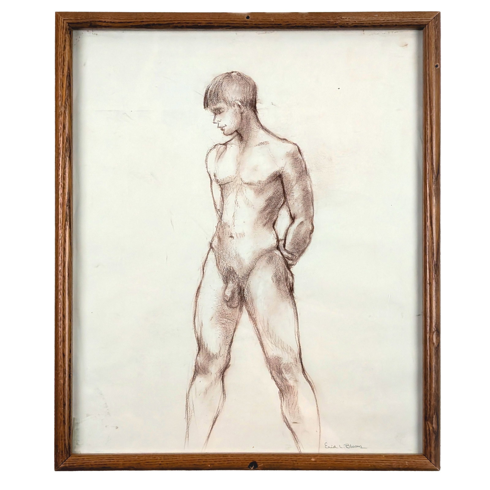 Enid Lillian Bloom (British, 1924-1996): 'Nude with Wide Stance.' Conté crayon on paper. Signed on the bottom right. 20 x 16" (overall). Framed.