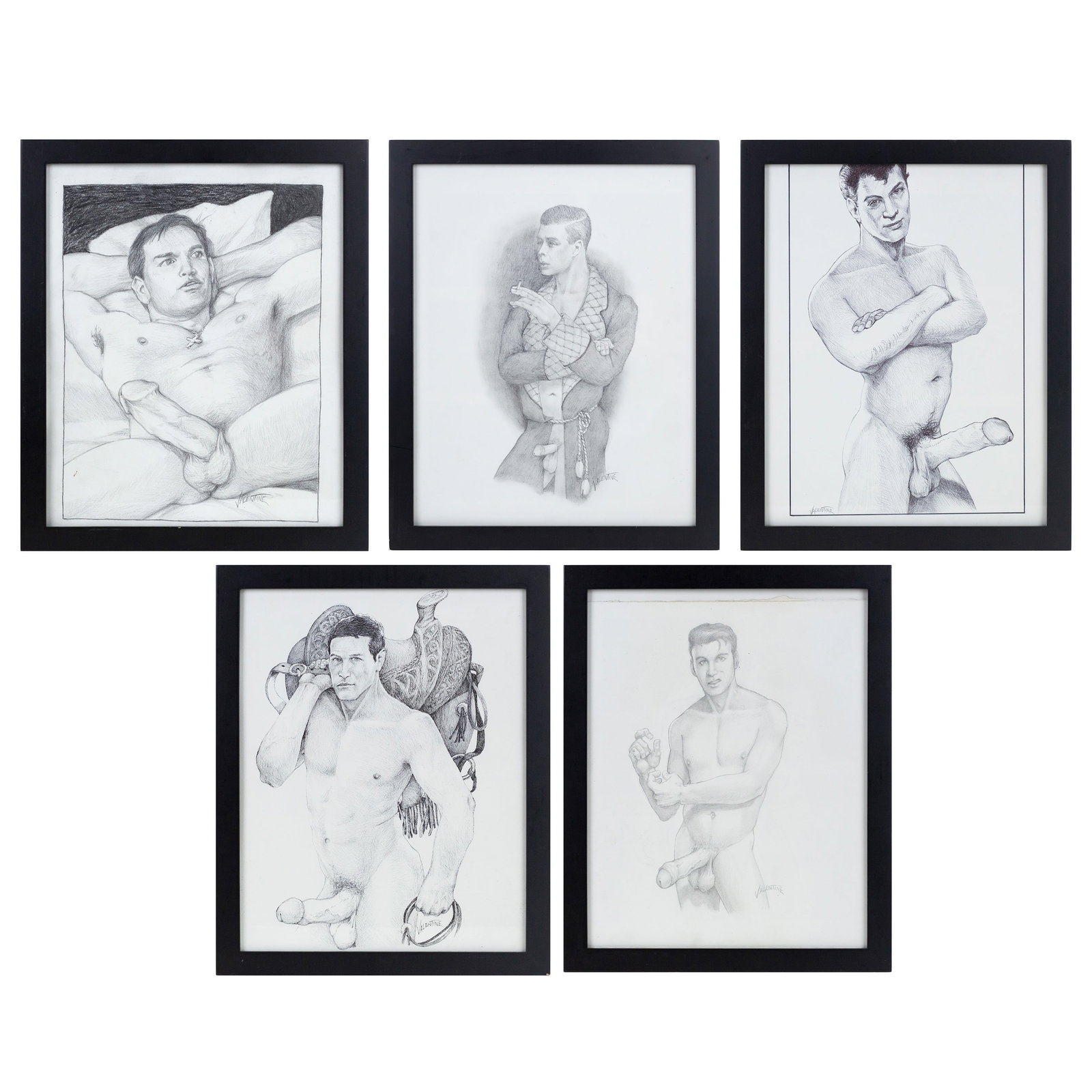 F. Valentine Hooven III (American, 20th Century): Five (5) drawings by F. Valentine Hooven in graphite and pencil. All 14 x 11"; 15 1/2 x 12 1/2" (overall). Framed.