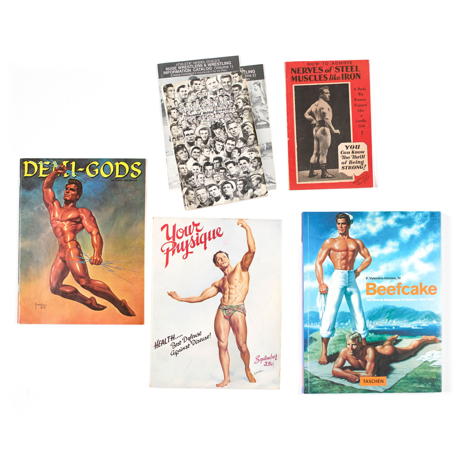 Physique Publications (Mid-Century): Seven (7) publications: "Athletic Model Guild: Thousand Model Directory." Published by AMG and Bob Mizer (American, 1922-1992). 8 1/2 x 5 1/2"; two issues: "Nude Wrestlers & Wrestling Information Cata