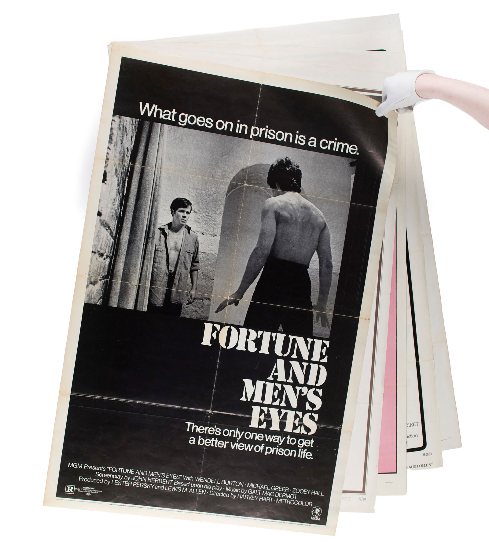 Gay Movie Poster Collection: Collection of five (5) original movie posters: "Pink Narcissus" (James Bidgood), 1971; "Fortune and Men's Eyes," 1971; "The Boys in the Band," 1970; "Percy: The Story of a Very Successful Transplant,"