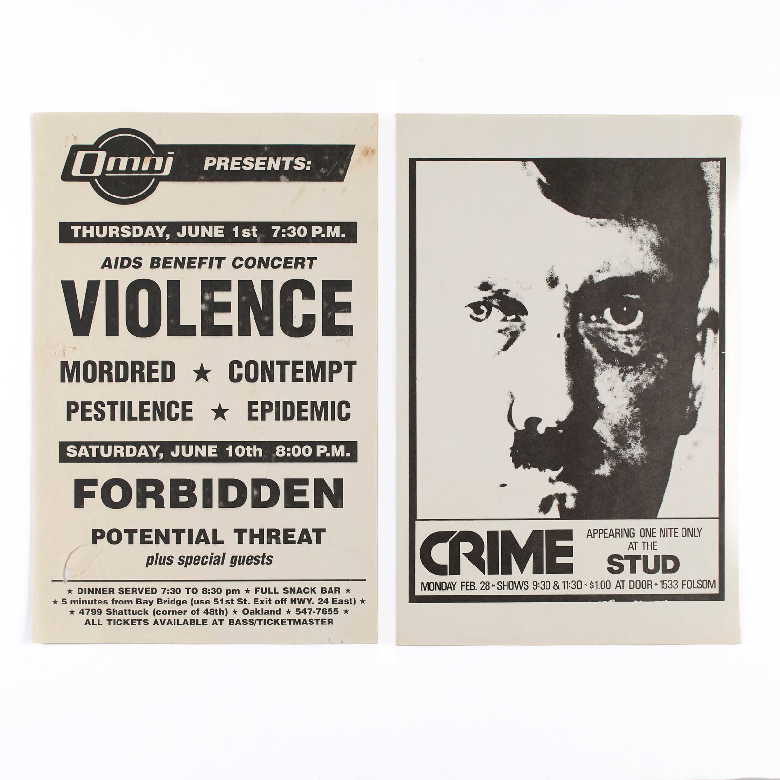 CRIME SF STUD Punk Band Poster (1976): A historically important rare queer punk poster advertising the infamous cancelled first tour show of punk band CRIME in 1976 at the San Francisco gay bar the Stud. "CRIME produced the poster to promo