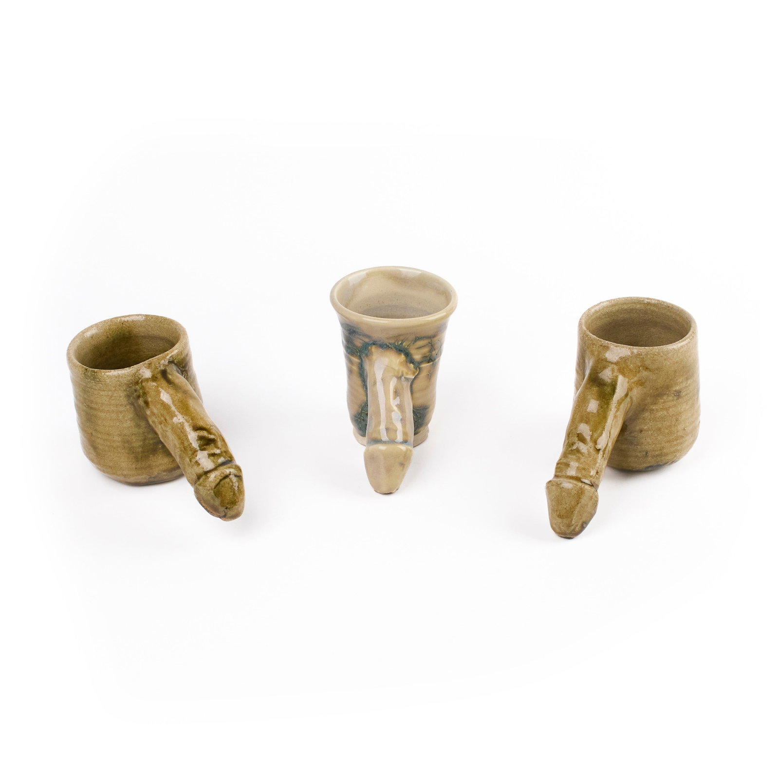 Louis Mendez, Attr. (American, 1929-2012): Three phallus handled stoneware ceramic mugs. Circa 1970s. 4 x 7 x 3".