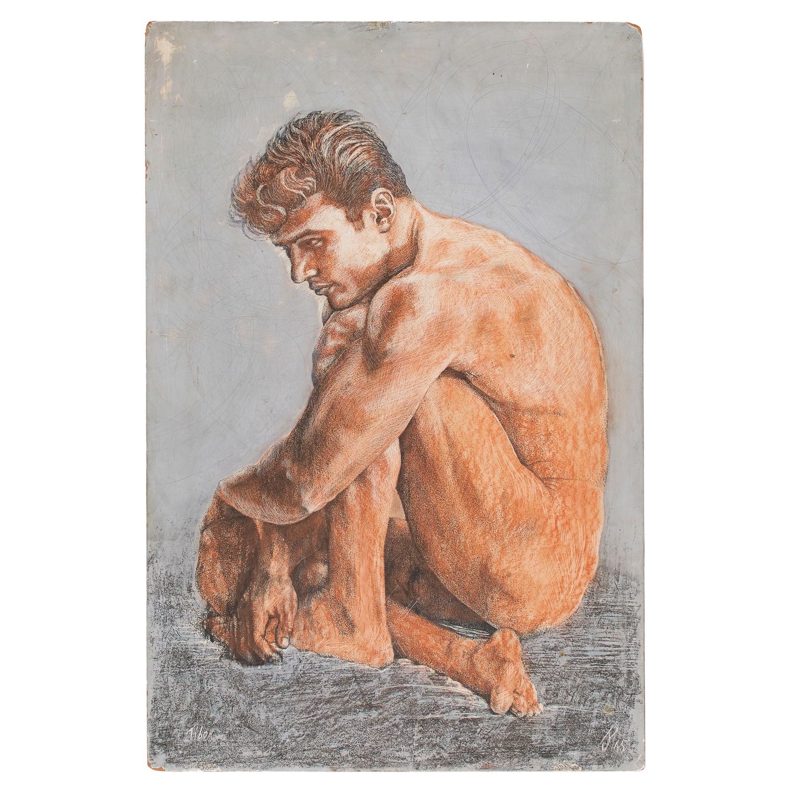 20th Century American School: "Tibor." 1965. Ink and graphite with wash on gessoed masonite. Marked, signed or inscribed "Tibor" on the bottom left and marked or monogrammed illegibly (possibly 'JP' ) and dated on the bottom right