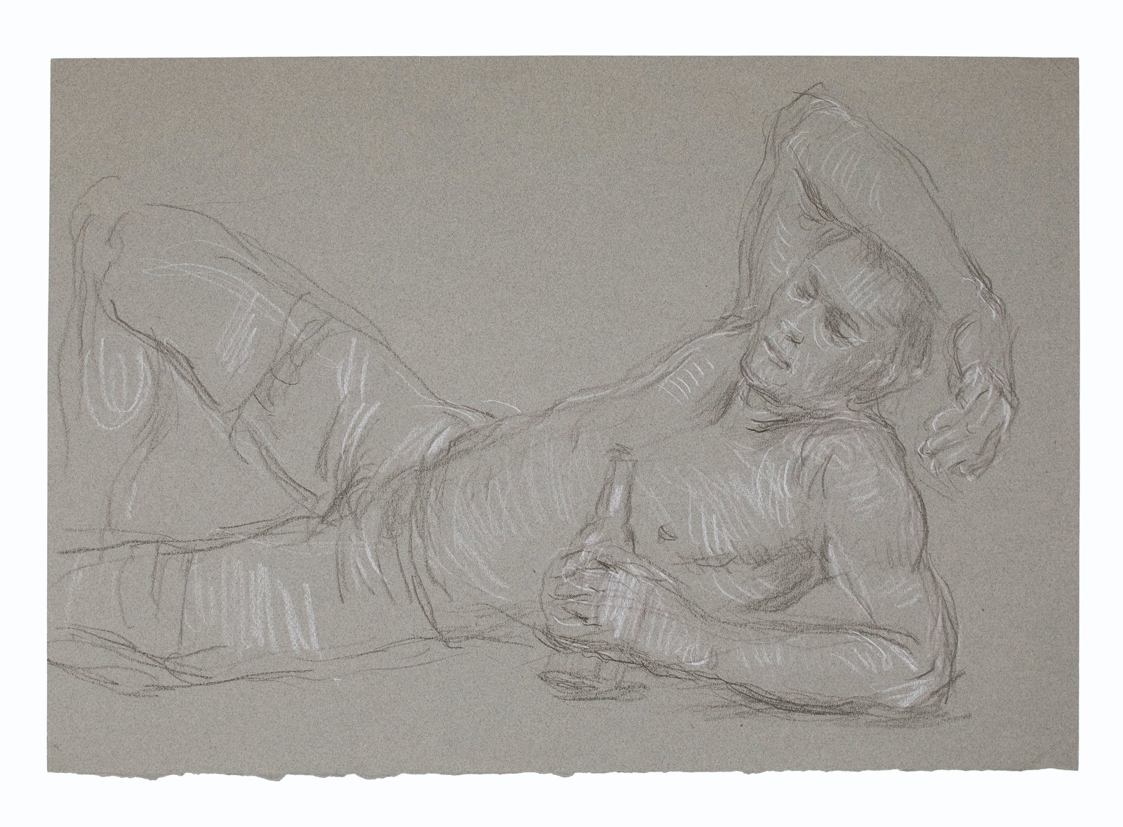 Paul Cadmus (American, 1904 - 1999): 'Shirtless Man with Bottle (Studies verso).' Pencil and chalk on grey-toned, deckled-edge, thick stock paper. Verso three male figures (one with a cap looking in the mirror and two showering with a ho