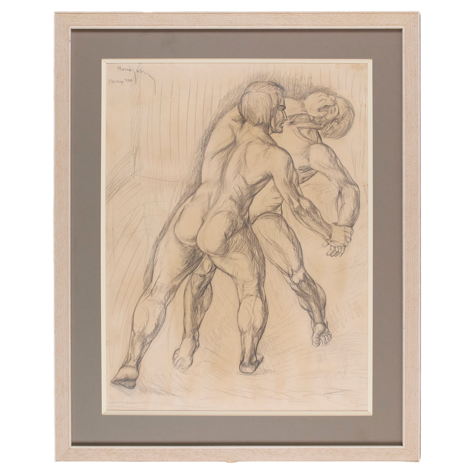 Simon Mondzain (Szamaj Mondszajn) (Polish, 1888 - 1979): Study for 'La Bataille.' 1920. Charcoal on paper. Signed at the top left and described and dated "Chicago, 1920." 24 x 17 1/2"; 29 3/4 x 24 1/4" (overall). Framed. "La Bataille" was initially exhibite