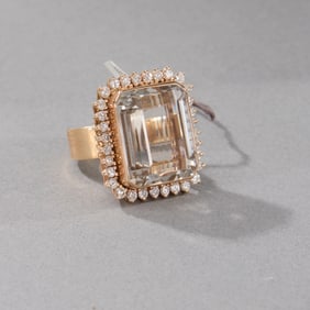 14k Yellow Gold Pink Quartz and Diamond Ring