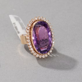 Large 14k Yellow Gold Amethyst and Diamond Ring