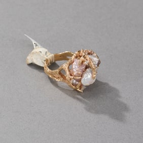 14k Yellow Gold Natural Pearl and Diamond Ring