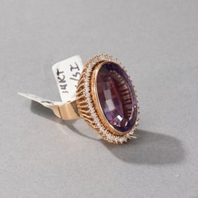 Large 14k Yellow Gold Amethyst and Diamond Ring
