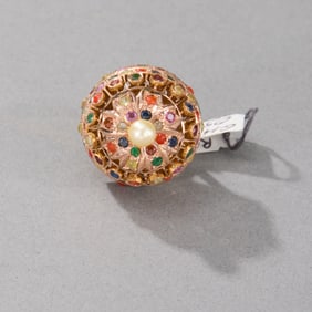 10k Yellow Gold Pearl and Multi-Colored Gemstone Ring