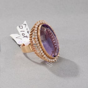 Large 14k Yellow Gold Amethyst and Diamond Ring