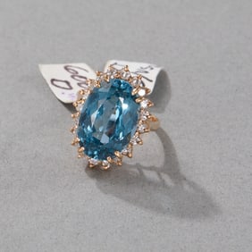 14k Yellow Gold Blue Gemstone and Diamond Ring