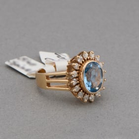 14k Yellow Gold Blue Synthetic Spinel and Diamond Ring