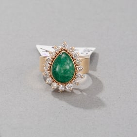 14k Yellow Gold Cabochon Emerald and Diamond Ring