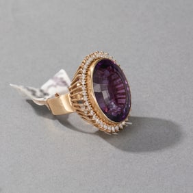 14k Yellow Gold Amethyst and Diamond Ring