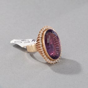 14k Yellow Gold Amethyst and Diamond Ring