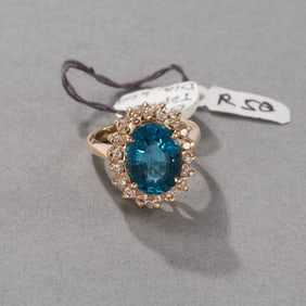14k Yellow Gold Blue Topaz and Diamond Ring