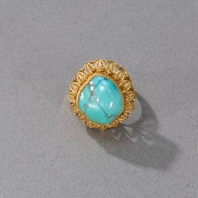 14k Yellow Gold Filigree and Turquoise Ring