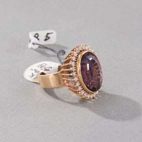 14k Yellow Gold Amethyst and Diamond Ring
