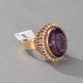 14k Yellow Gold Amethyst and Diamond Ring