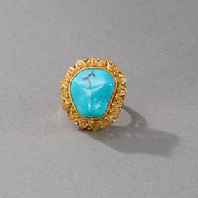 14k Yellow Gold Filigree and Turquoise Ring