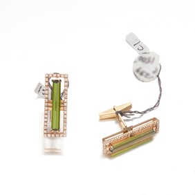 Green Stone and Diamond 14k Gold Cufflinks