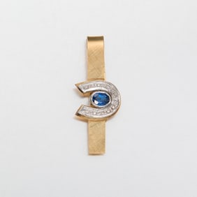 14k Diamond and Blue Stone Horseshoe Tie Clip
