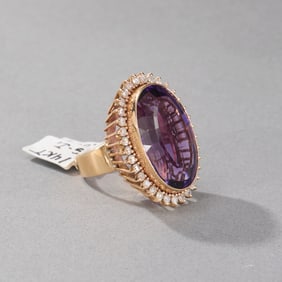 Large 14k Yellow Gold Amethyst and Diamond Ring