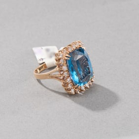 14k Yellow Gold Blue Synthetic Spinel and Diamond Ring