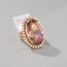 Large 14k Yellow Gold Champagne Colored Stone and Diamond Ring